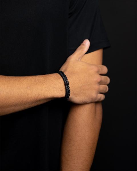 Doppelarmband mit italienischem Leder und 4 mm schwarzem Achatstein - Double Black